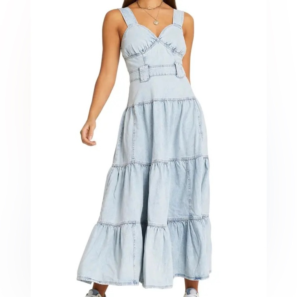 River Island Sleeveless Denim Tiered Ruffled Maxi Dress